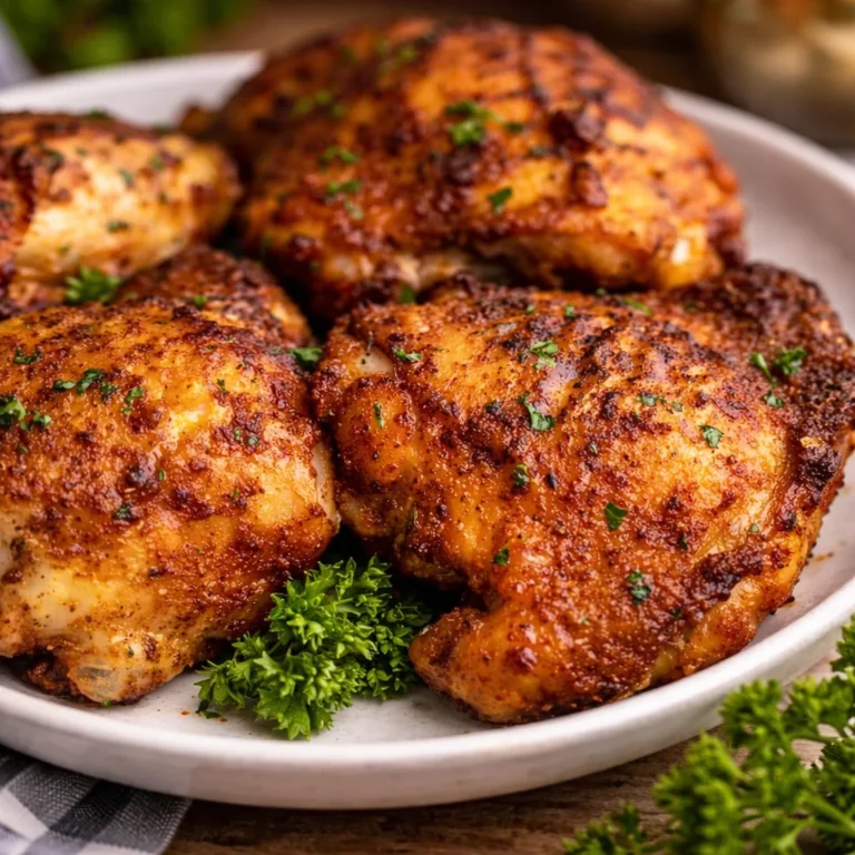 Crispy air fryer chicken thighs garnished with herbs on a white plate. Air Fryer Crispy Chicken Thighs