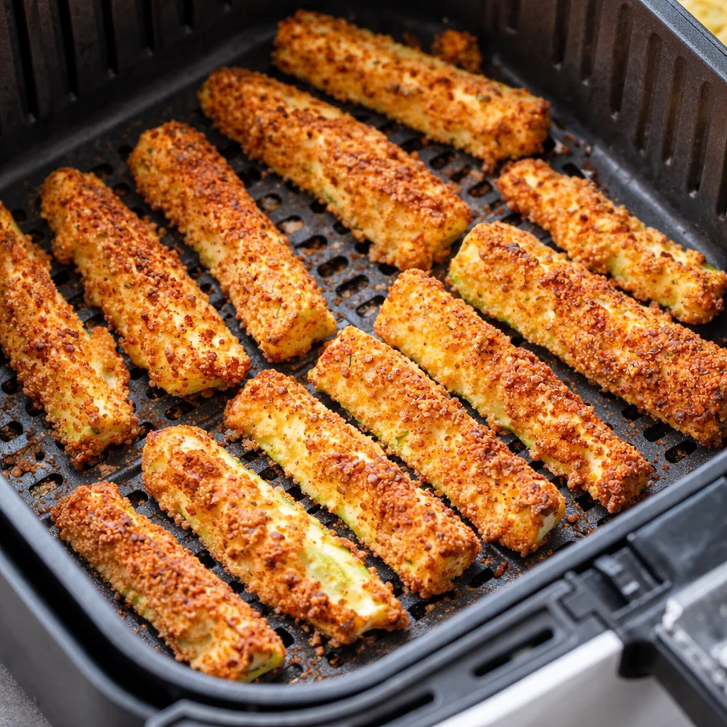 Crispy air fryer zucchini fries ready to be served on a plate.