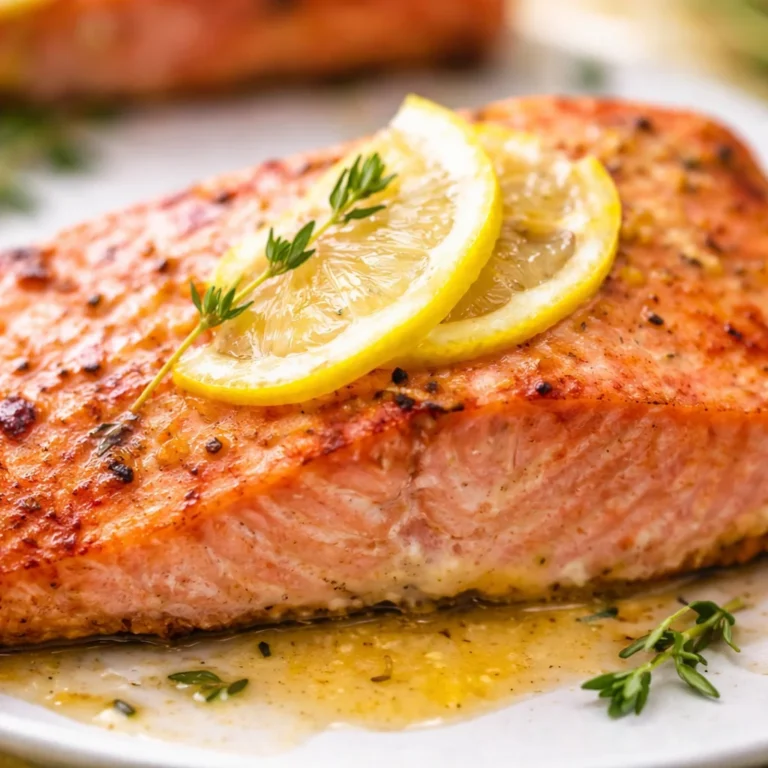 Oven baked salmon with lemon and garlic on a plate, garnished with herbs.