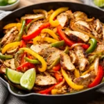 Delicious chicken fajitas with vibrant peppers and onions served in tortillas.