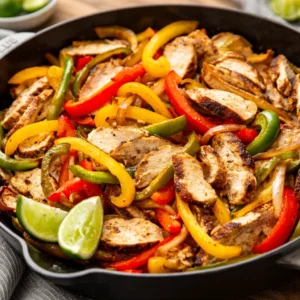 Delicious chicken fajitas with vibrant peppers and onions served in tortillas.