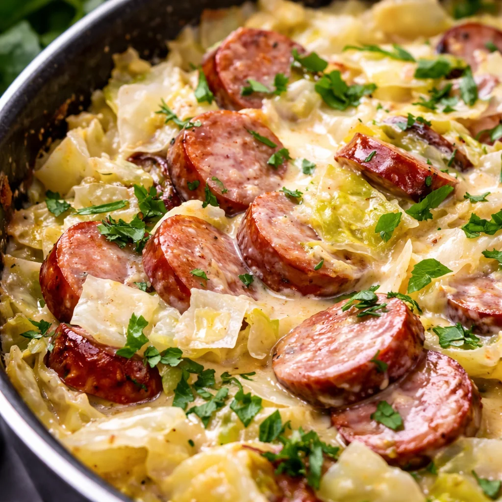 Creamy Cabbage Alfredo with cheese sauce and sliced cabbage noodles served in a bowl.
