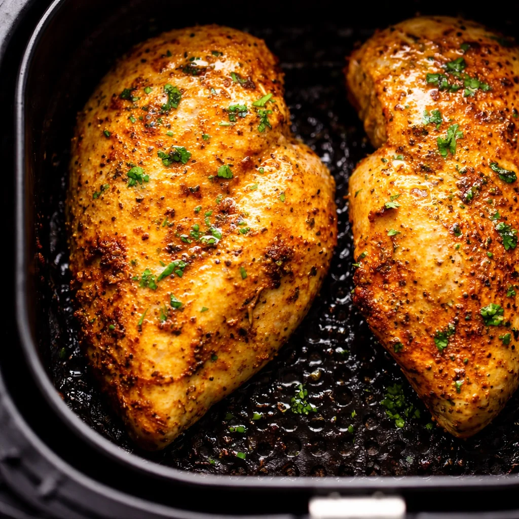 Juicy air fryer chicken breast garnished with herbs, served on a plate.