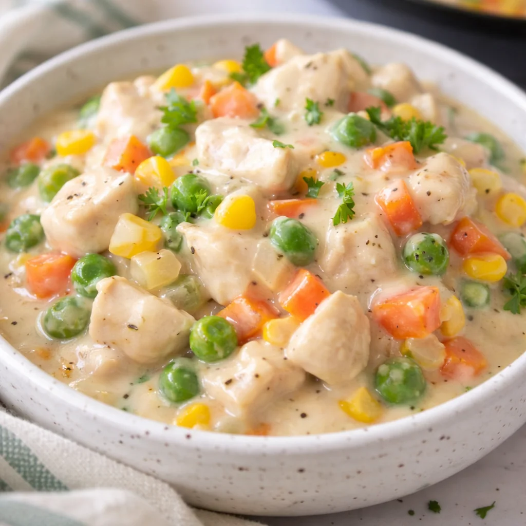 Crustless Chicken Pot Pie Bowl 1 Healthy crustless chicken pot pie with creamy sauce and veggies in a bowl.
