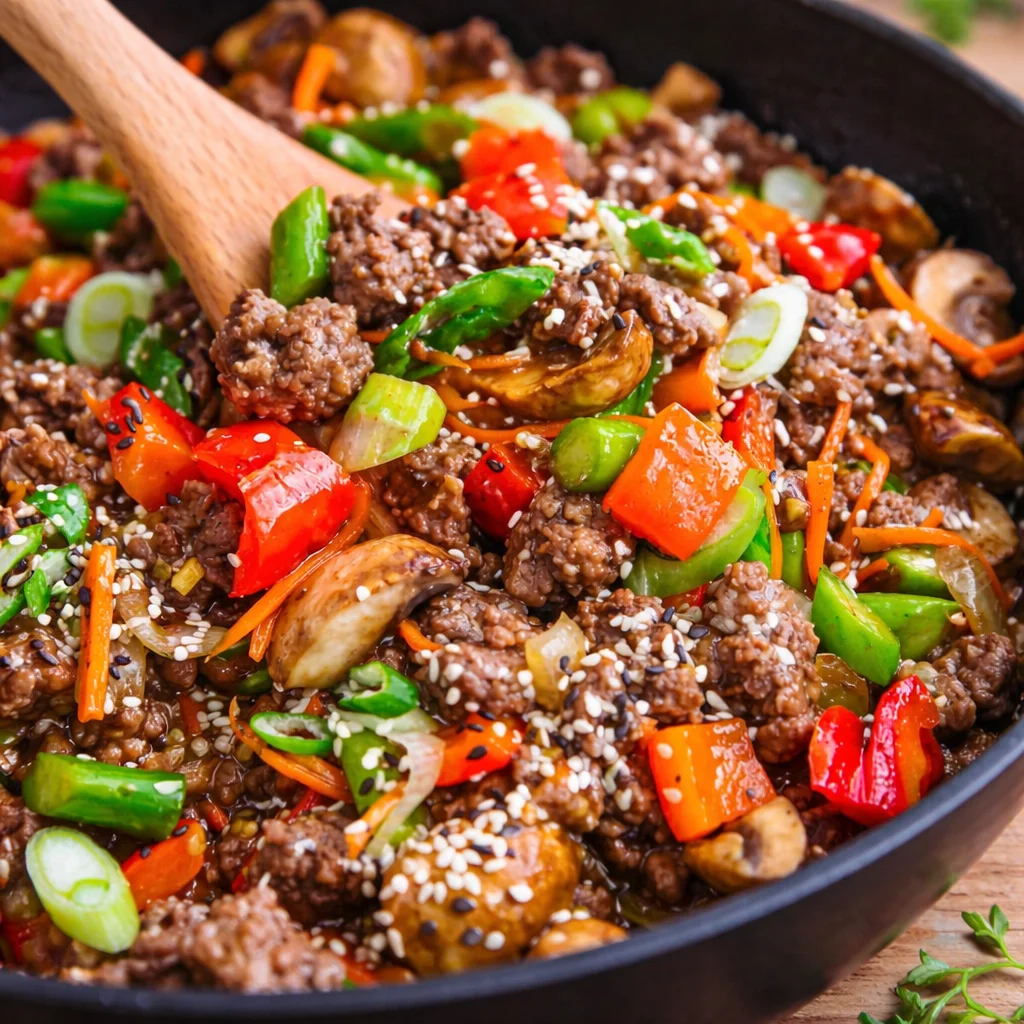 Ground Beef Stir Fry (Low-Carb) 1 Delicious ground beef stir fry with fresh vegetables and savory sauce in a pan.