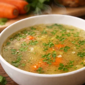 A bowl of gut healing bone broth packed with nutrients and collagen for gut health.