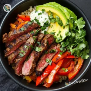 High protein steak fajita bowl with grilled vegetables and spices