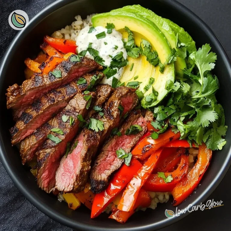 High protein steak fajita bowl with grilled vegetables and spices