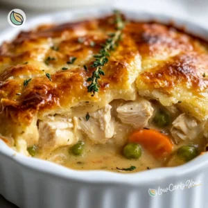 Delicious Keto Chicken Pot Pie Casserole topped with a golden crust.