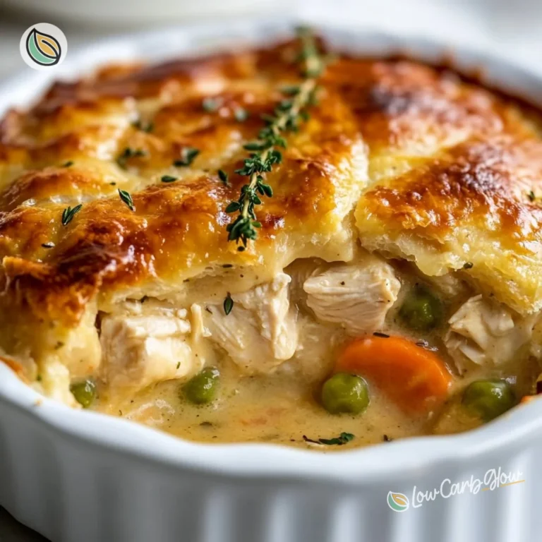 Delicious Keto Chicken Pot Pie Casserole topped with a golden crust.