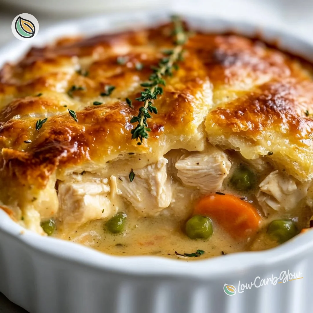Delicious Keto Chicken Pot Pie Casserole topped with a golden crust.