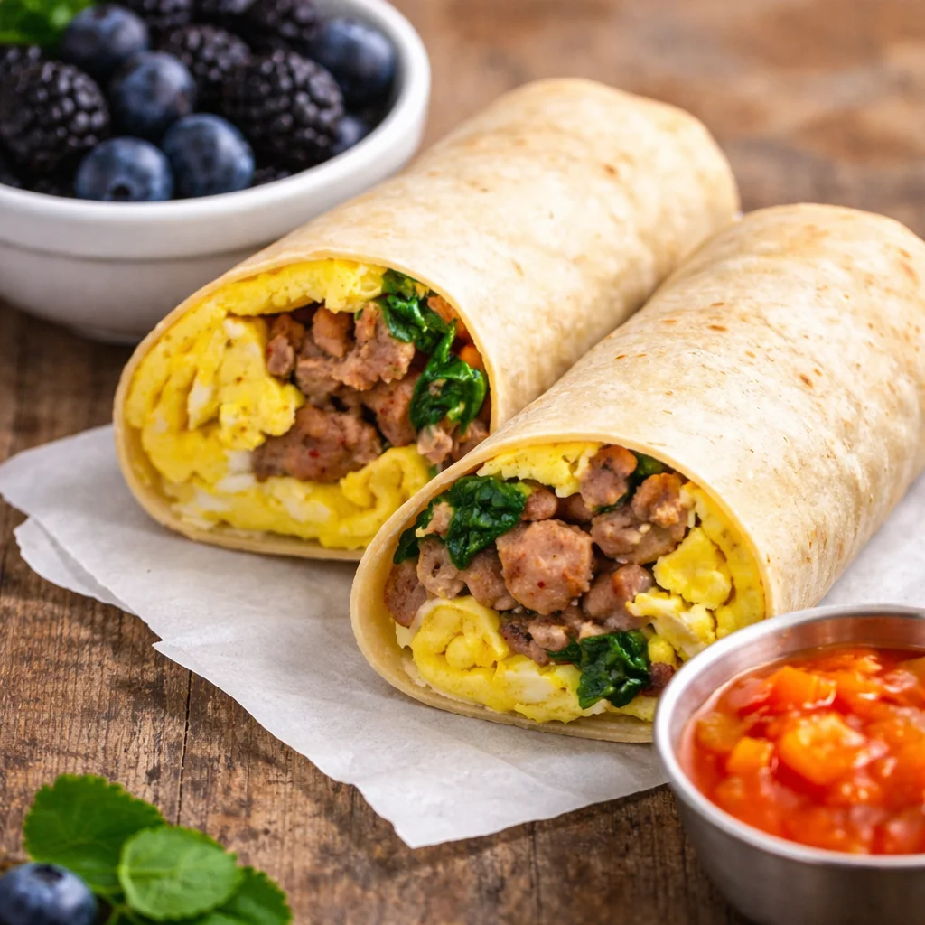 Healthy Low-Carb Breakfast Burrito Bowl That Keep You Full 1 Delicious low carb breakfast burrito filled with eggs, bacon, and cheese, ideal for meal prep.