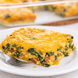 Delicious low carb breakfast casserole with bacon, sausage, cheese, and eggs