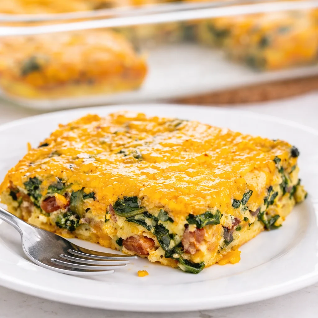 Low-Carb Breakfast Casserole Bake 1 Delicious low carb breakfast casserole with bacon, sausage, cheese, and eggs