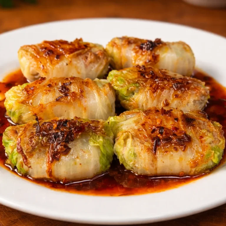 Low-Carb Cabbage Dumplings (Asian-Inspired) 18 Delicious cabbage dumplings filled with juicy pork and savory flavors, garnished nicely.