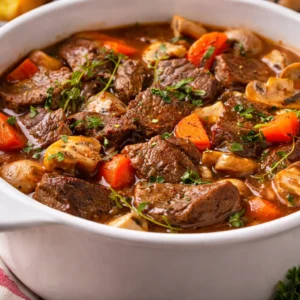 Bowl of slow cooker beef stew low carb with tender beef and fresh vegetables - Low-Carb Slow Cooker Beef Stew