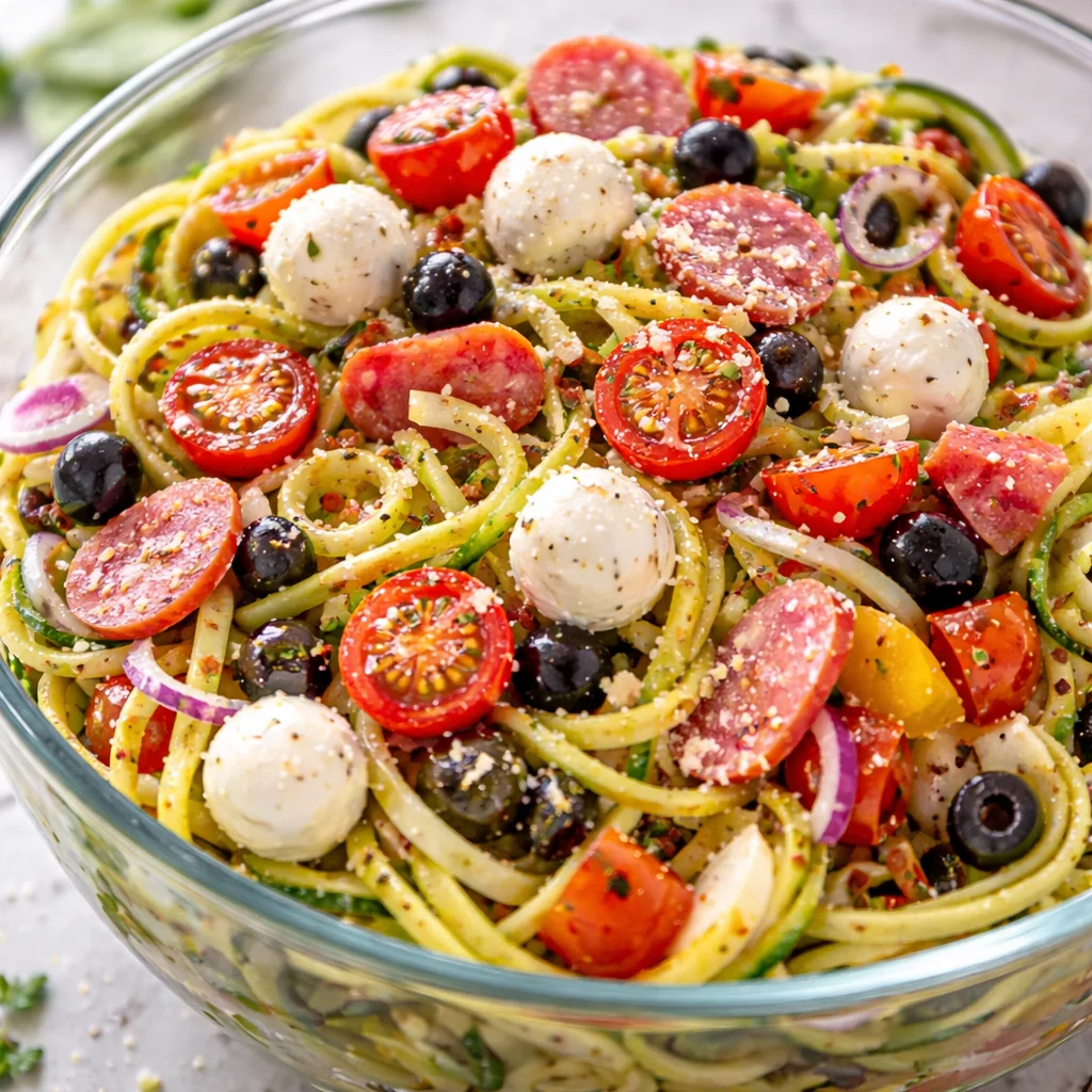 Delicious low carb pasta salad with fresh veggies and rich flavors, perfect for keto diets.