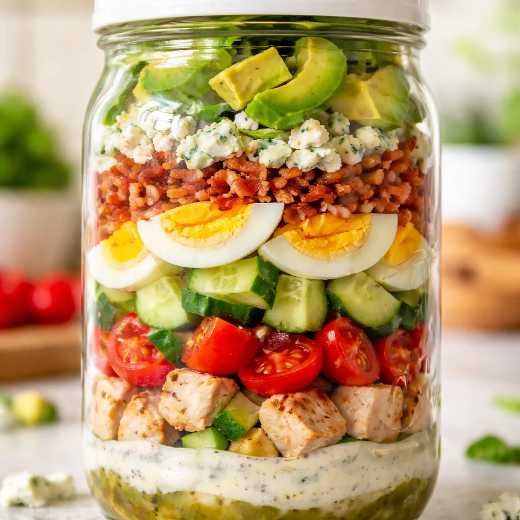 Mason Jar Low-Carb Cobb Salad 1 Delicious low carb mason jar salad with fresh ingredients for healthy meals. Mason Jar Low-Carb Cobb Salad