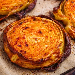 Crispy roasted cabbage steaks served as a delicious vegetarian side dish.