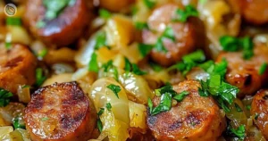 Sausage and Cabbage Stir Fry served in a bowl with vibrant vegetables.