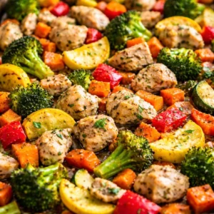 Sheet pan chicken with colorful vegetables roasted to perfection for a healthy dinner.