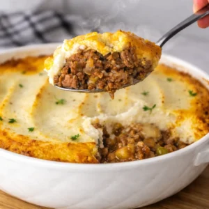 Keto Shepherd's Pie with creamy cauliflower topping and rich meaty filling.