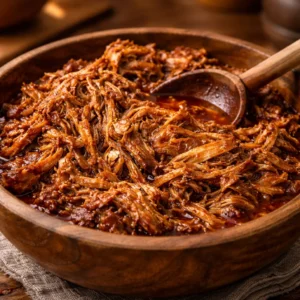 Slow cooker pulled pork served in toasted buns with barbecue sauce.