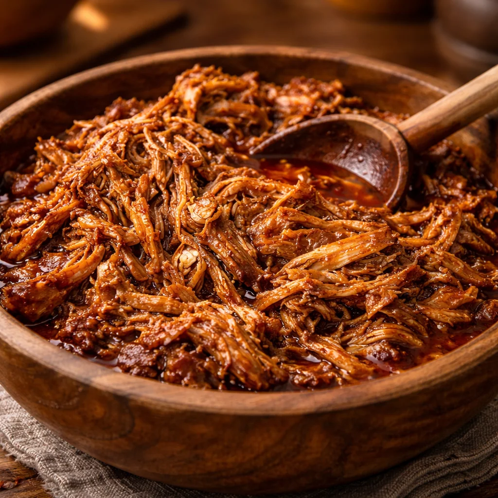 Slow cooker pulled pork served in toasted buns with barbecue sauce.