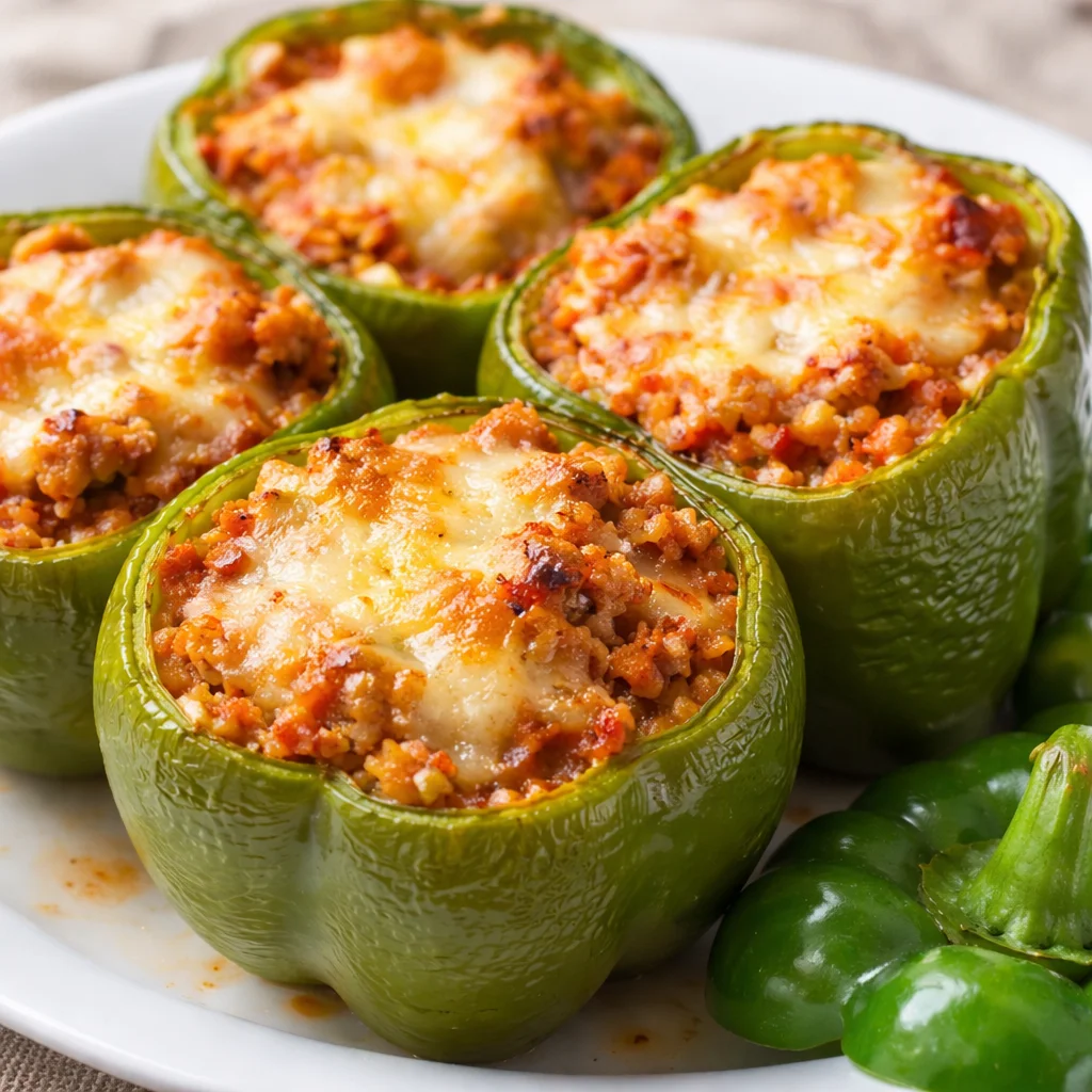 Deliciously baked low carb stuffed bell peppers filled with meat and cheese