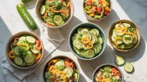 Cucumber-Salad-Recipes seven different cucumber salads in rustic ceramic bowls arranged on a white marble countertop