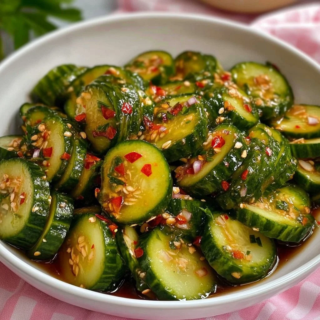 Bowl of Asian spicy cucumber salad with vibrant colors and ingredients