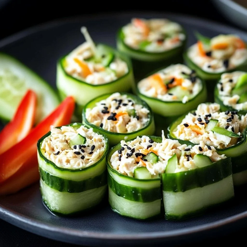 Tasty chicken salad cucumber roll ups on a white plate with herbs
