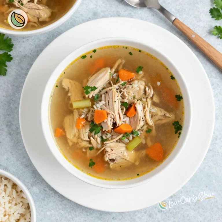 Delicious bowl of bone broth chicken soup garnished with herbs
