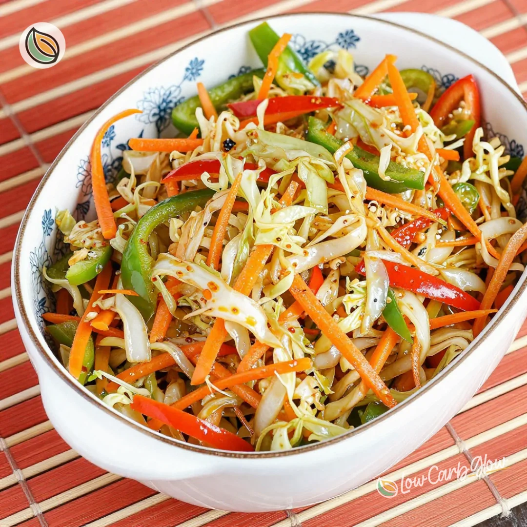 Colorful cabbage stir fry with vegetables in a frying pan