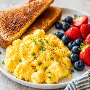Fluffy scrambled eggs with cottage cheese, a high-protein breakfast option.