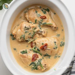 Crockpot Tuscan Chicken served with herbs and vegetables