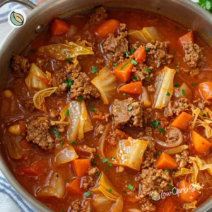Bowl of easy cabbage roll soup with fresh herbs and spices