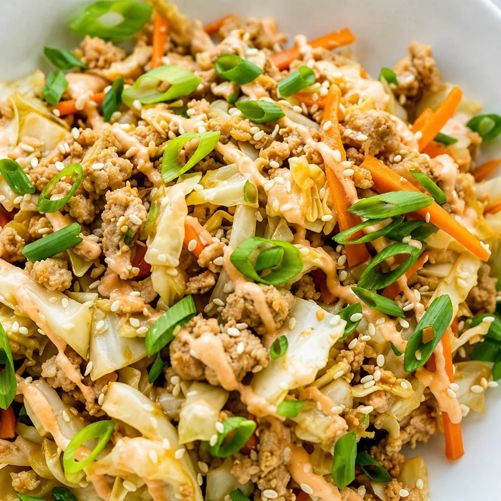 Healthy egg roll in a bowl with ground turkey, cabbage, and carrots in a skillet.