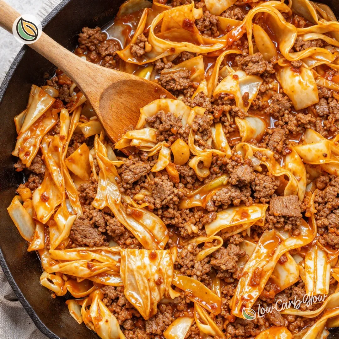 Ground Beef and Cabbage Skillet dish served in a pan with fresh cabbage
