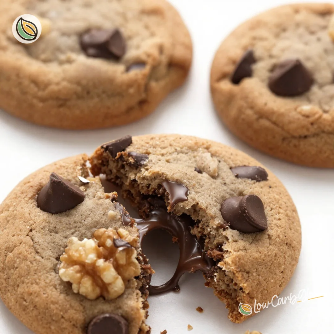 Keto Chocolate Chip Cookies 1 Keto chocolate chip cookies on a white plate, delicious and low-carb