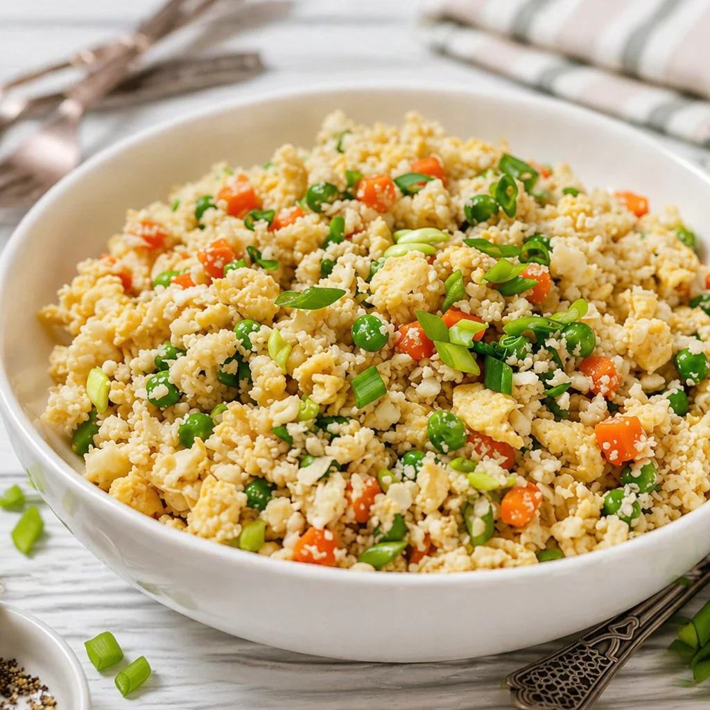 Keto Fried Rice: The Cauliflower Rice Method That's Actually Crispy (Not Soggy) 1 A bowl of fluffy keto fried rice cauliflower garnished with green onions.