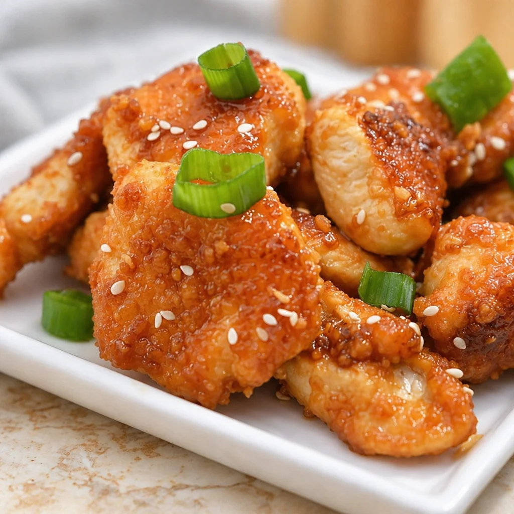 Plate of Keto Orange Chicken with sesame seeds and green onions, showcasing low-carb meal.