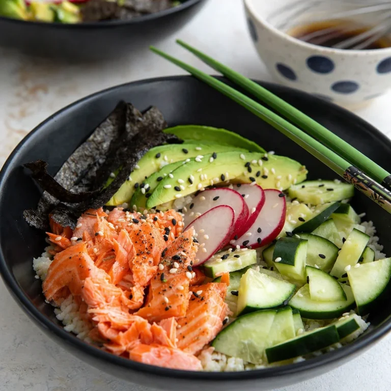 Keto Sushi Bowl: A Deconstructed Spicy Tuna Roll Over Seasoned Cauliflower Rice 9 Keto sushi bowl with cauliflower rice, avocado, cucumber, and fresh ingredients.