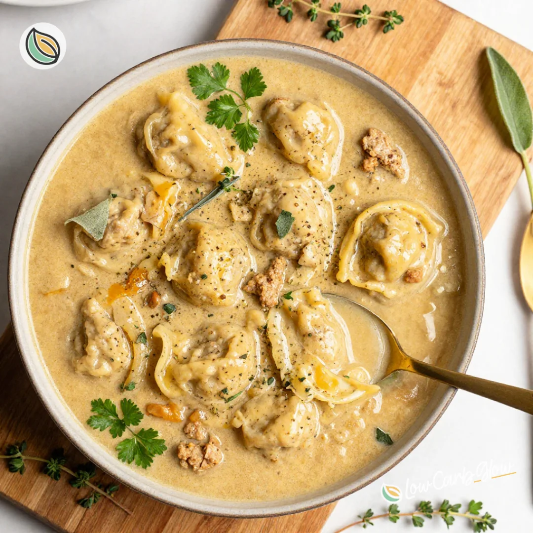 Delicious low carb chicken dumplings served in a bowl with herbs