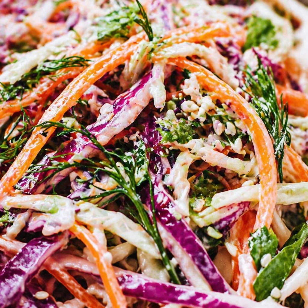 Delicious low carb coleslaw no mayo served as a keto side dish.