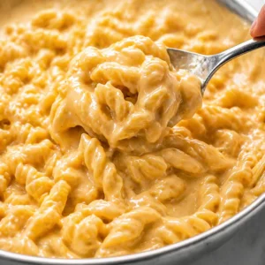 Healthy low carb cottage cheese mac and cheese in a ceramic dish