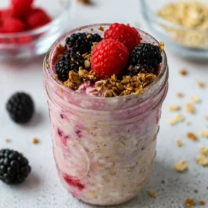 Low carb cottage cheese overnight oats in a bowl, topped with fruits and nuts.