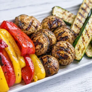 A colorful assortment of grilled low carb vegetables including zucchini, bell peppers, and eggplant.