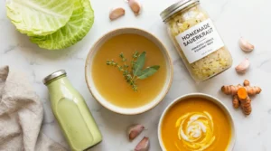 Low-carb gut health foods — bone broth, sauerkraut, turmeric soup and green collagen smoothie