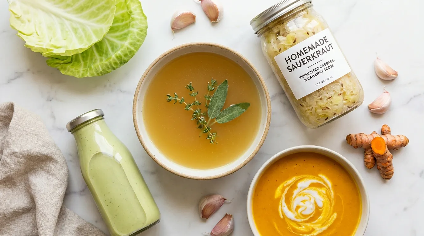 Low-carb gut health foods — bone broth, sauerkraut, turmeric soup and green collagen smoothie